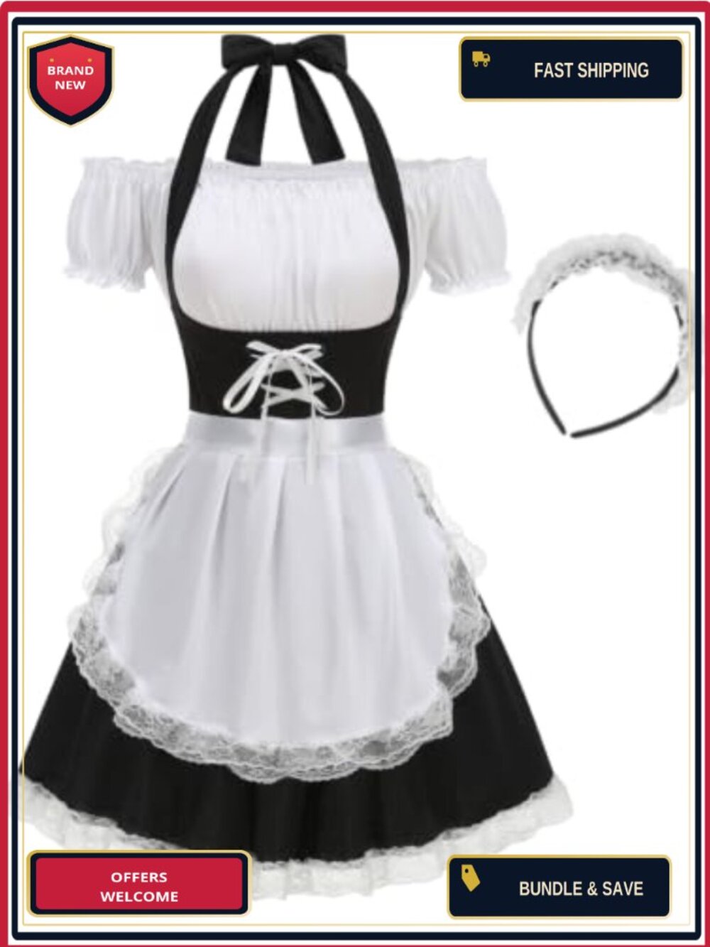 French Maid Cosplay Costume 4 Piece Dress Set with Lace Trim Apron